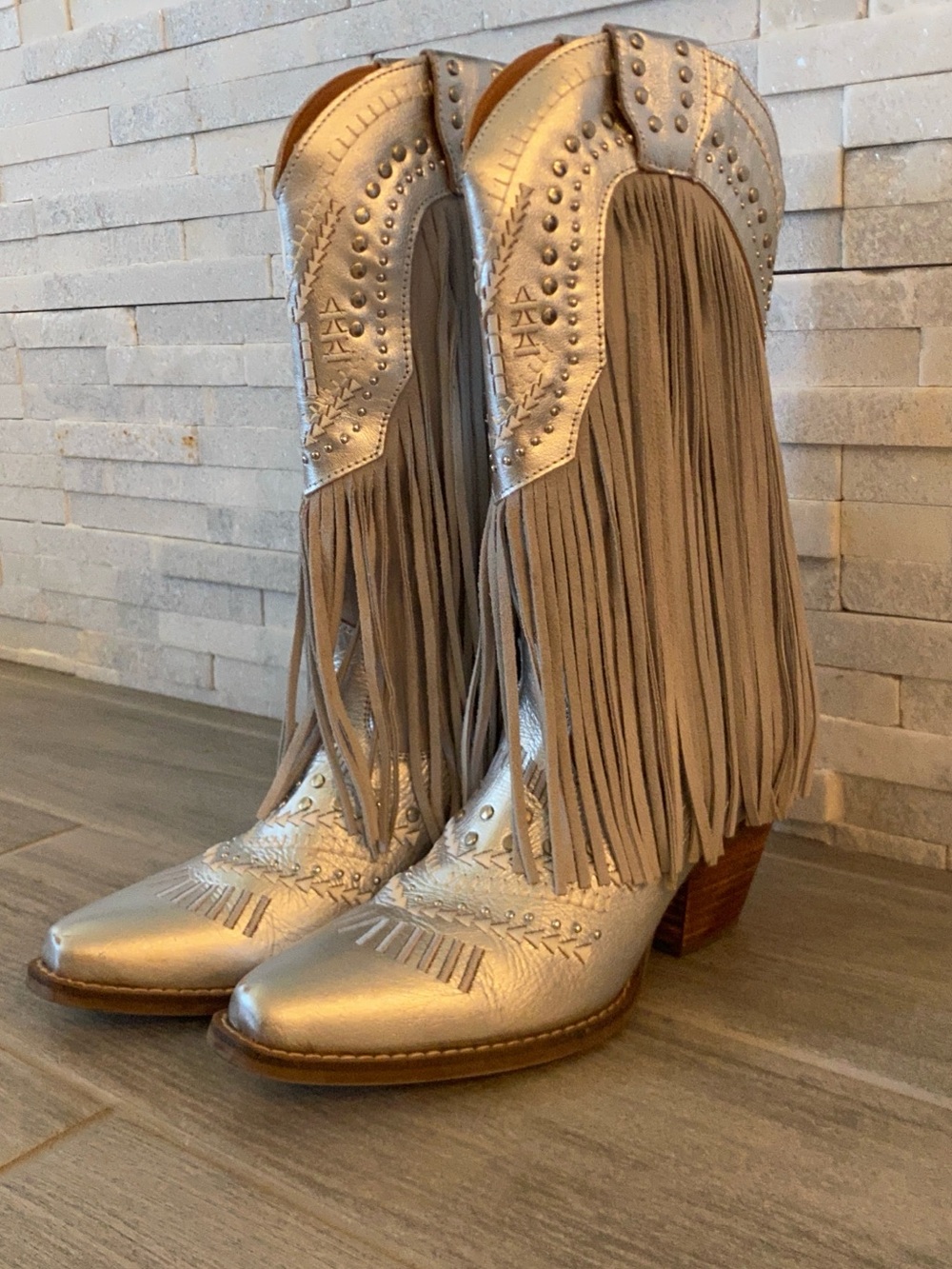 Dingo Metallic Silver Leather Fringe Western Boots for Women